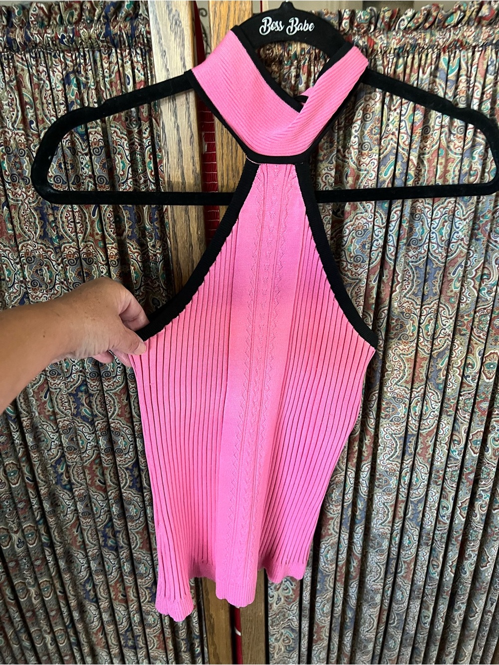 Cache Pink Ribbed Halter Bodysuit with Black Trim
